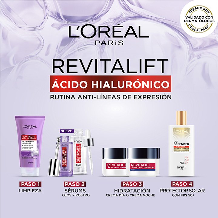 Rutina hidratante y anti líneas de expresión revitalift ácido hialurónico de loreal paris
